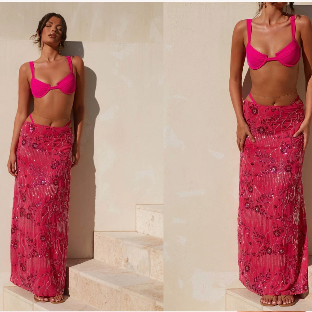 Peppermayo Exclusive - Corinna Low Rise Sequin Maxi Skirt - Fuchsia